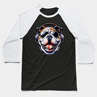 Bulldog as Smiling DJ in Bold Japanese Art Style Baseball T-Shirt